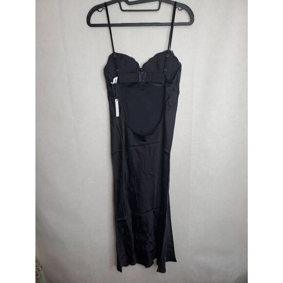 Rumored Negroni Lace Bust Satin Midi Bamboo Open Back Slip Dress Black Romantic - Picture 6 of 9
